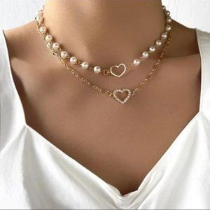 Gold 2pc Heart Faux Pearl Necklace